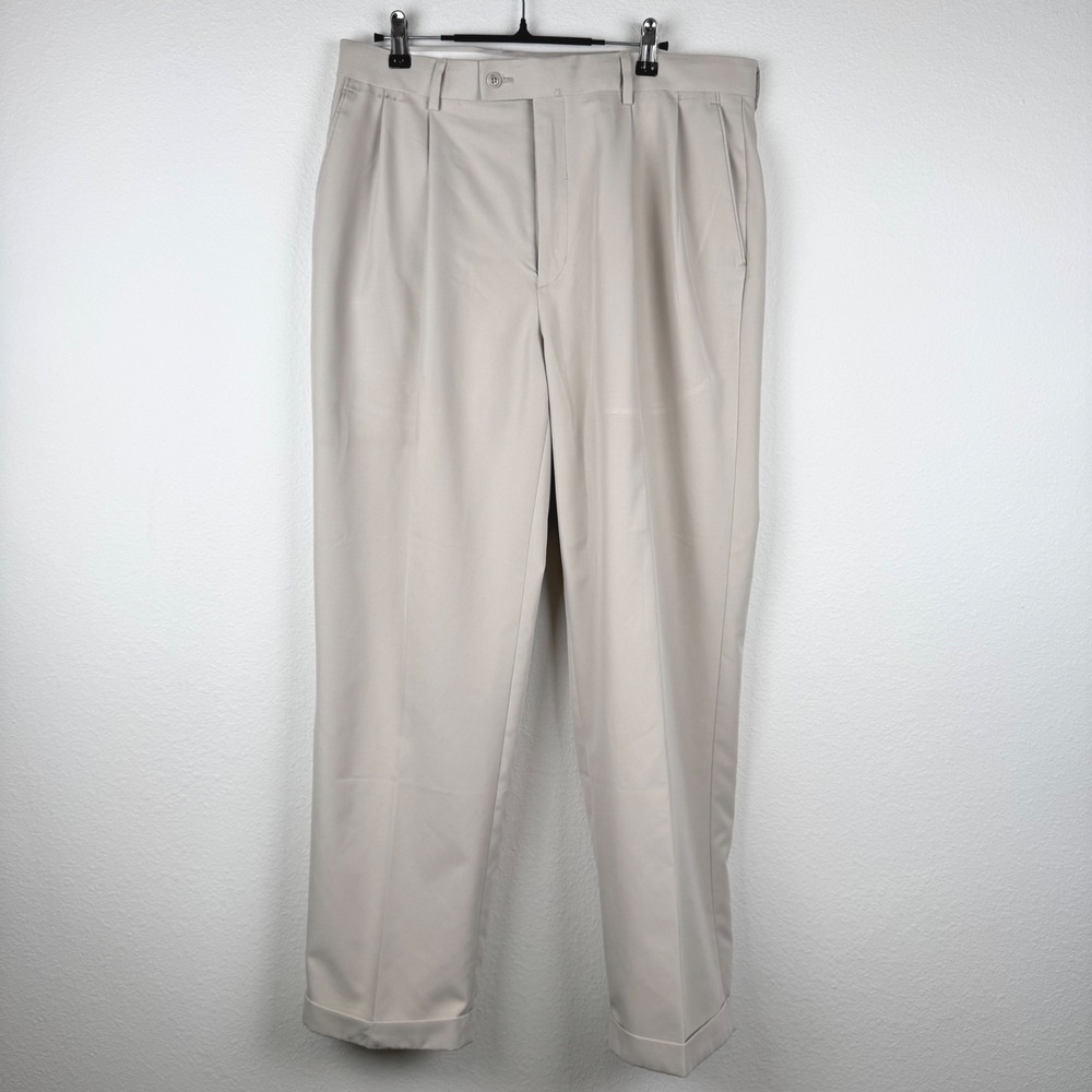 Alan Flusser Pleated Golf Dress Pants Mens 34X30 Beige Office Classic Cuffed